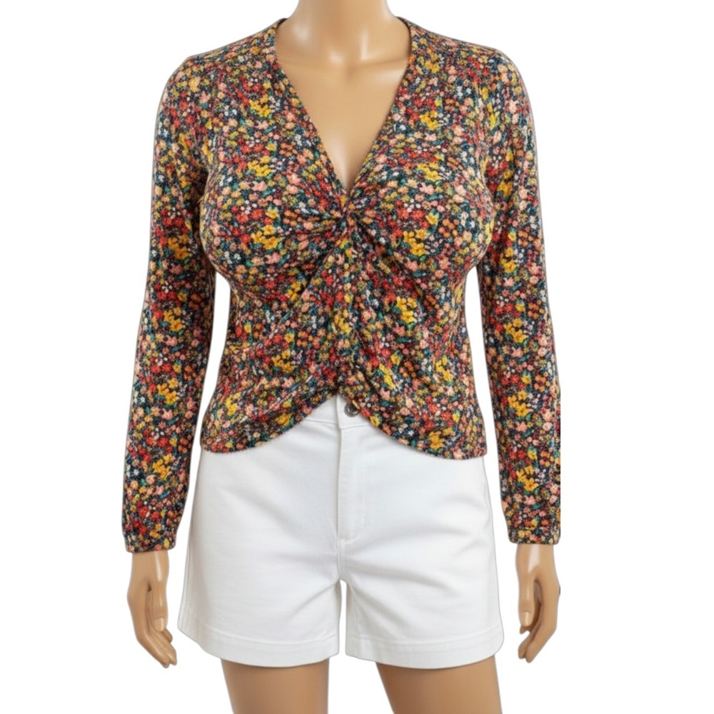St Johns Bay Women PXL Floral Watercolor Button Up Blouse Rayon Blend Mock Neck